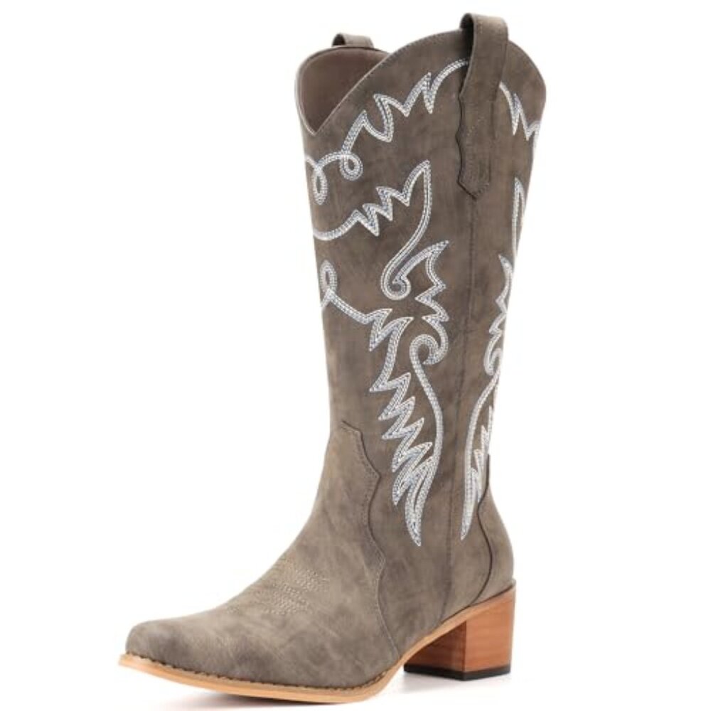 Women's Pointy Toe Mid Calf Western Cowgirl Boots with 2-Inch Heel - Picture 2 of 7